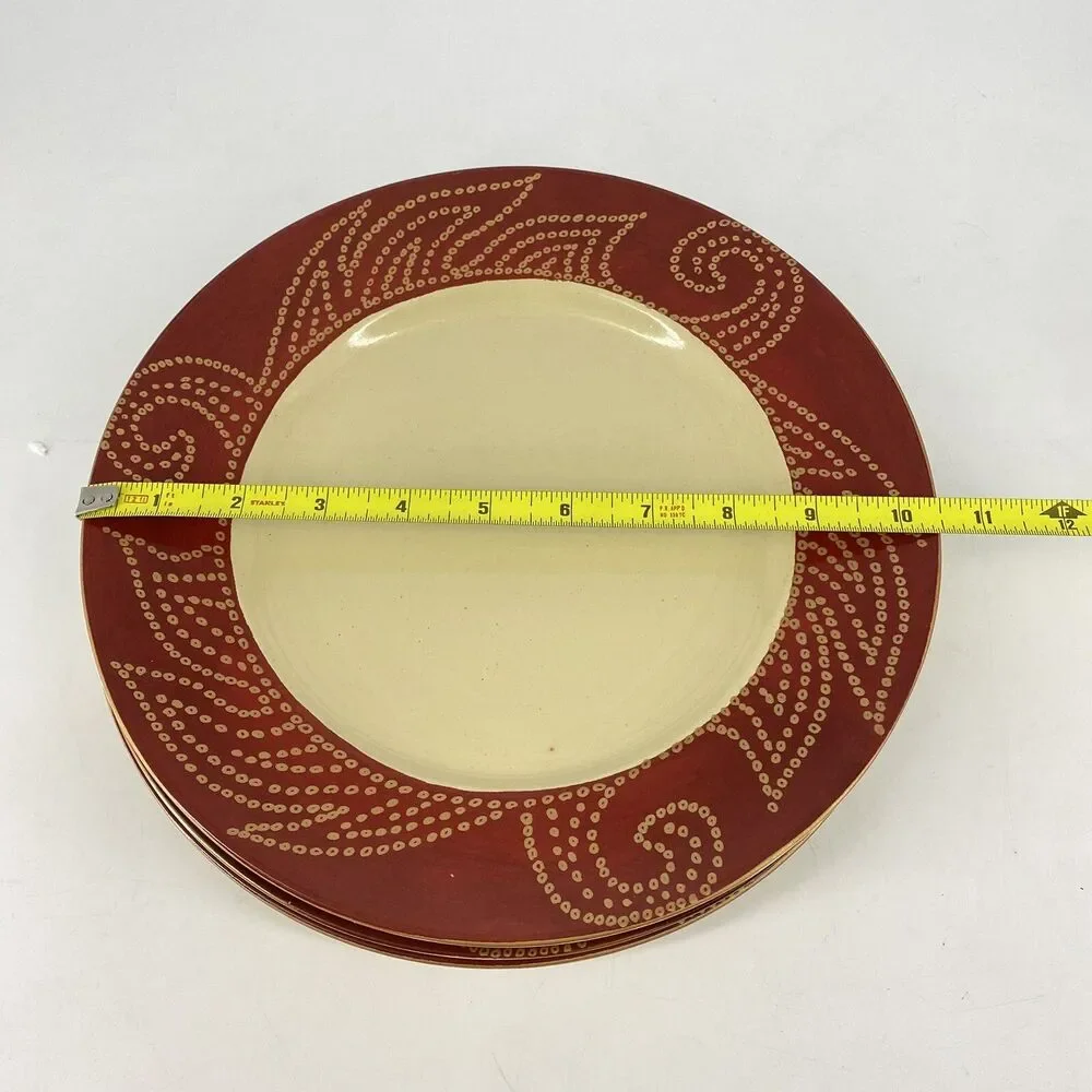 Pier 1 Matira Dinner Plates Set of 3 Red Scroll Rim Stoneware 10.5”